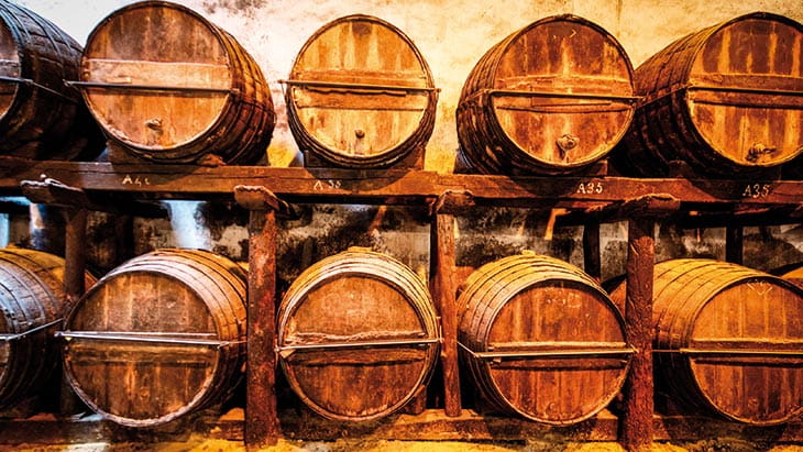 Barrels in a wine cellar